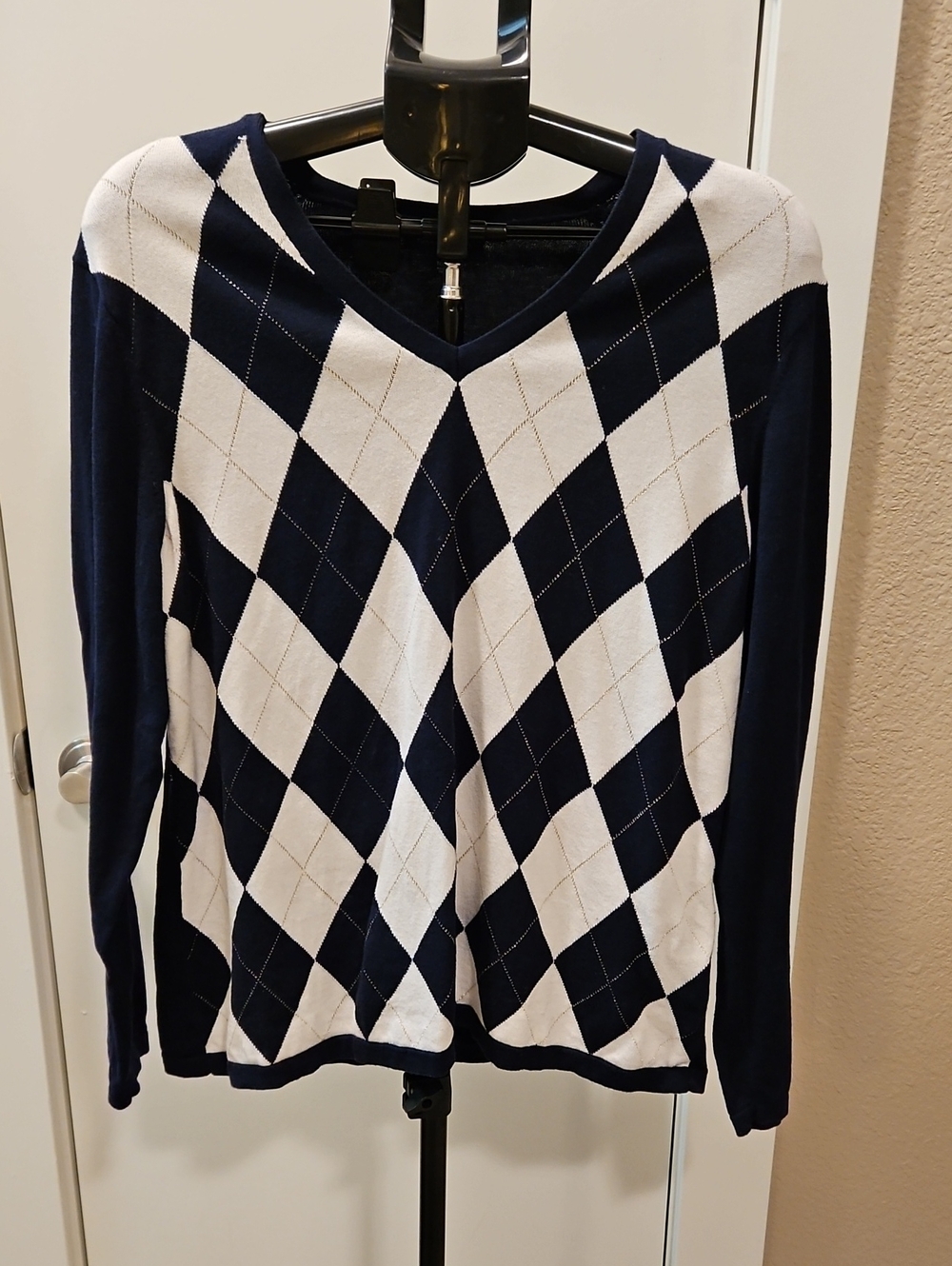 Tommy Hilfiger Navy and White Argyle V-Neck Sweater - Women's Size XL